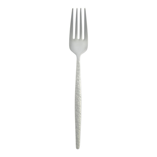 A stainless steel dessert or salad fork with a textured handle.