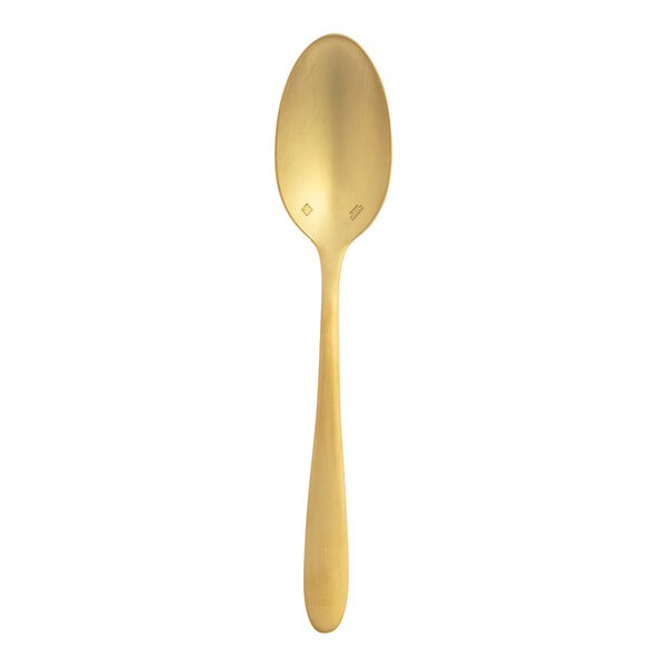 A brushed gold stainless steel oval bowl soup or dessert spoon.