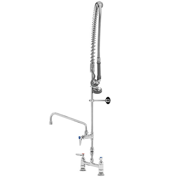 A chrome T&S pre-rinse faucet with hose and sprayer.