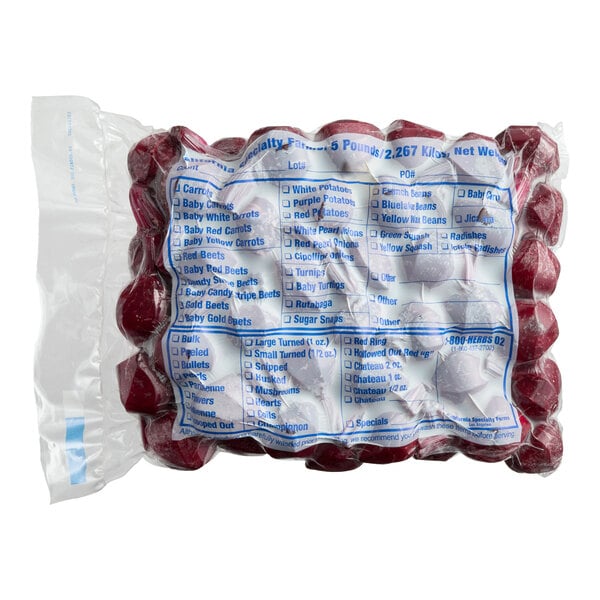 A vacuum-sealed bag of hand-peeled red baby beets from California Specialty Farms.