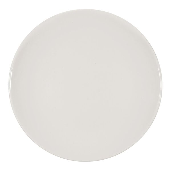 A plain, round, pearl white china coupe plate.