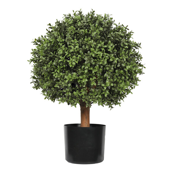 An artificial potted boxwood ball topiary with dense green foliage in a black pot.