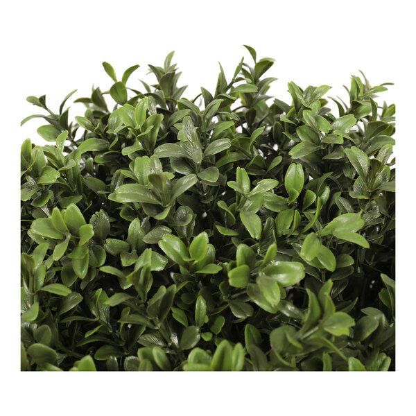 An artificial potted boxwood ball topiary with dense green foliage.