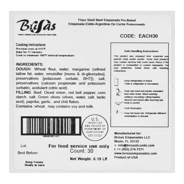 Brisas Beef Flour Shell Empanada 3 oz. - 30/Case