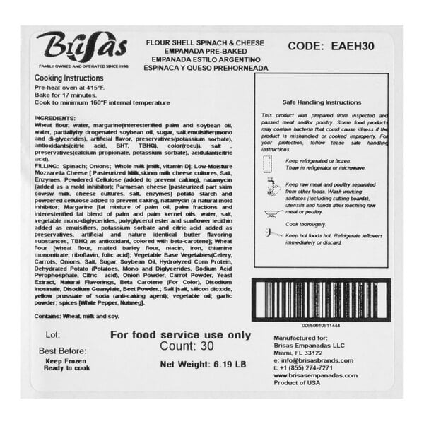 Brisas Spinach and Cheese Flour Shell Empanada 3 oz. - 30/Case