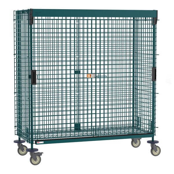 Metro SEC56VK3-SL Super Erecta 28 1/2" x 65" x 68 1/2" Metroseal Green Epoxy Mobile Security Unit with SlideSecure Sliding Doors and Polymer Horn Casters