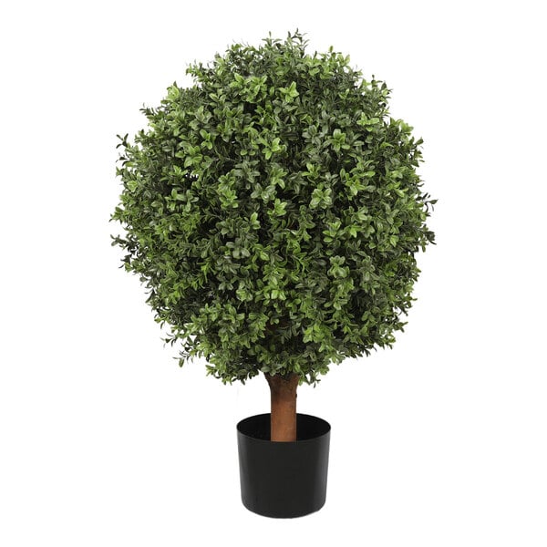 An artificial potted boxwood ball topiary with dense green foliage in a black pot.