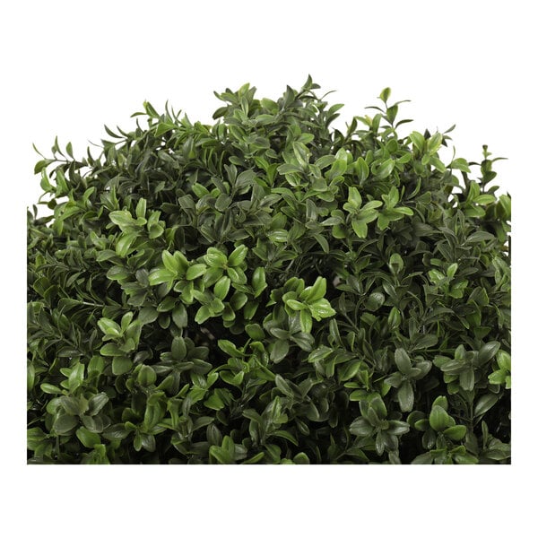An artificial potted boxwood ball topiary with dense green foliage.