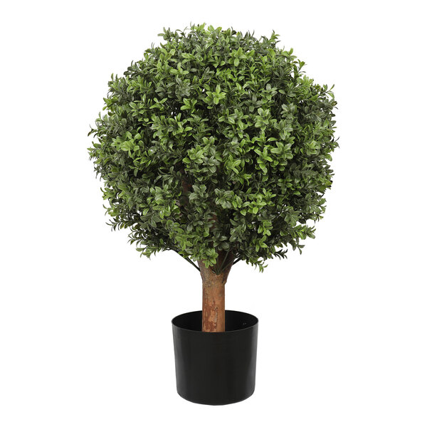 An artificial potted boxwood ball topiary with a round, dense green foliage and a black pot.