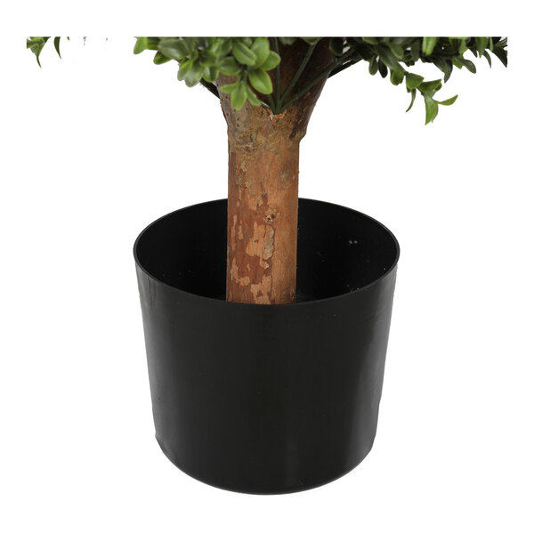 An artificial potted boxwood ball topiary in a black plastic pot.