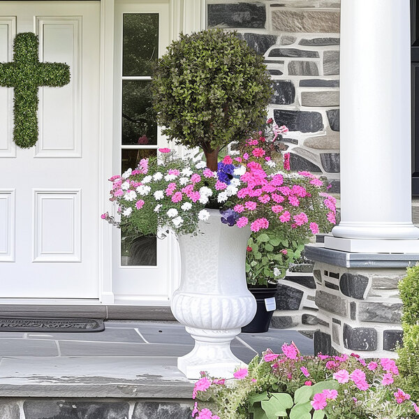 A large artificial potted boxwood ball topiary in a white urn, surrounded by colorful flowers, displayed on a porch.