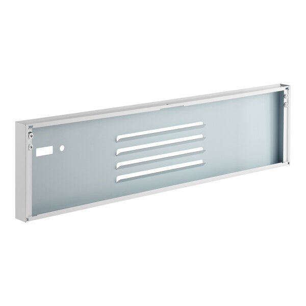 A rectangular metal grille with a white frame, featuring four horizontal vent slits and two small cutouts on one side.