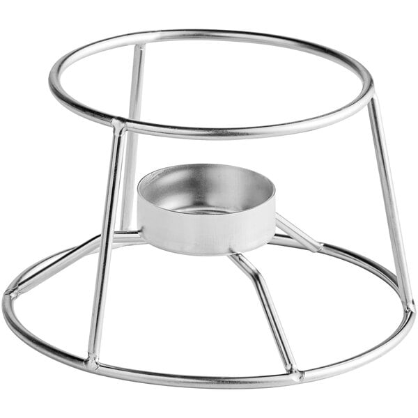 A stainless steel fondue pot stand with a circular holder for a heat source.