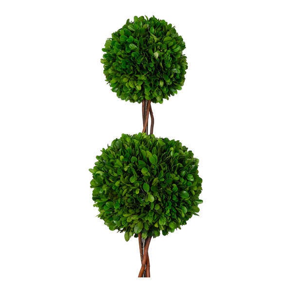 A preserved potted boxwood topiary featuring three spherical green balls on a single stem.