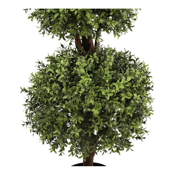 An artificial potted boxwood double ball topiary with dense green foliage.