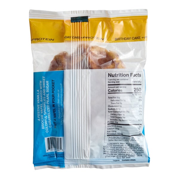 A packaged vegan birthday cake protein Liege waffle.