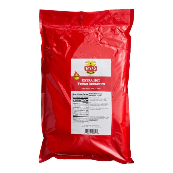 A large red bag of Texas Breading Extra Hot Texas Breading Mix, weighing 5 pounds.