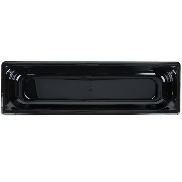 A black rectangular plastic food pan with a lid.