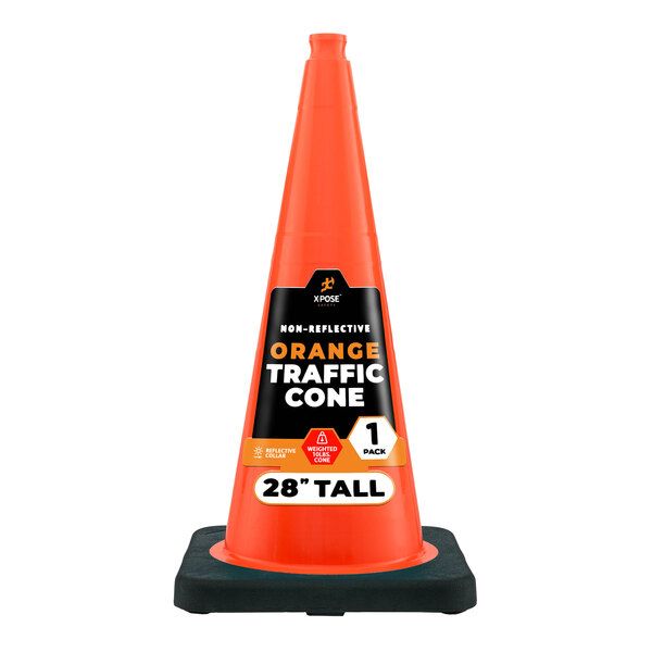 An orange 28-inch heavy-duty PVC traffic cone with a black anti-slip base.
