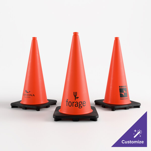 A set of three orange heavy-duty PVC traffic cones with black anti-slip bases, each featuring customizable logos.
