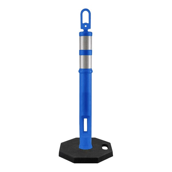 A blue ring-top delineator post with double reflective collars and a black octagonal base.