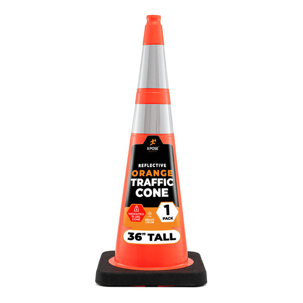 Xpose Safety 36" Orange Heavy-Duty PVC Traffic Cone with 15 lb. Black Anti-Slip Base and Double Reflective Collars OTC36-64-15L-1-X