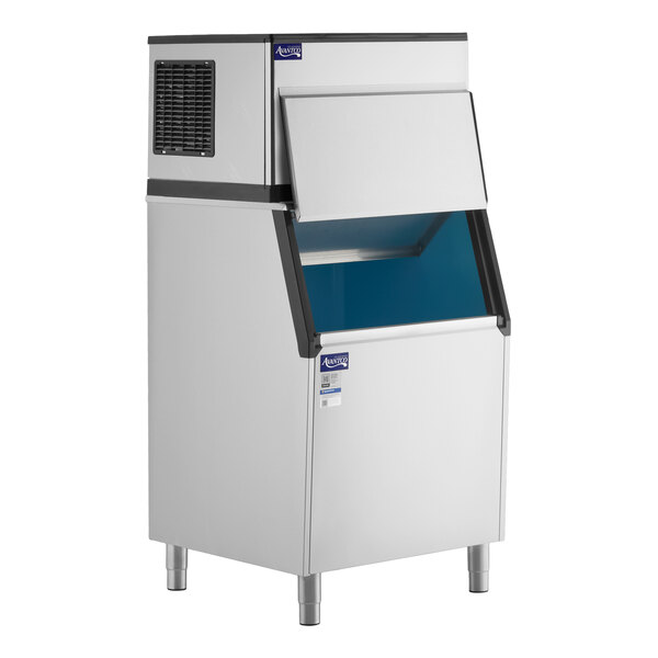 An air-cooled modular half cube ice machine with a large storage bin.