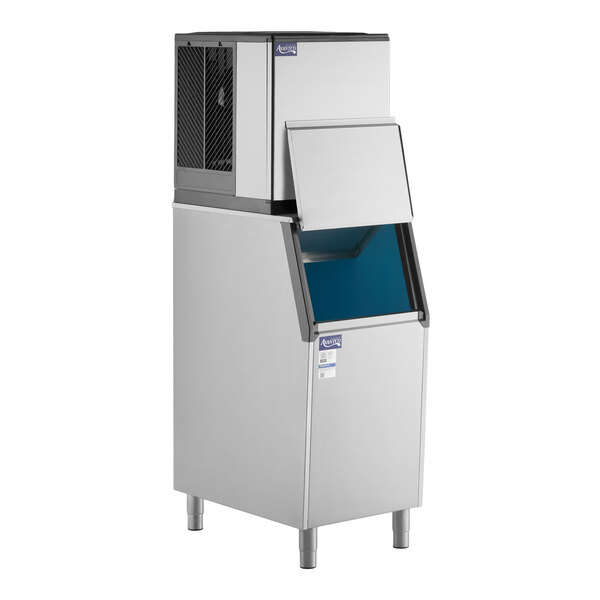 An air-cooled modular full cube ice machine with a large storage bin.