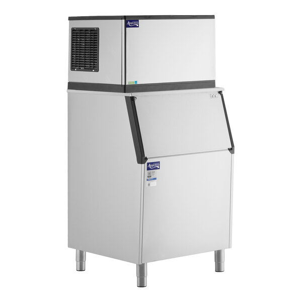 A commercial modular ice machine with a large storage bin, designed for producing and storing full cube ice.