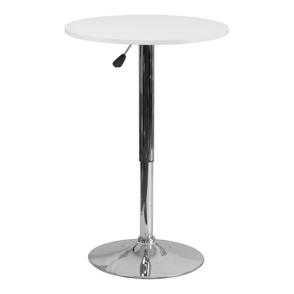A round adjustable height cocktail table with a white wood top and chrome base.