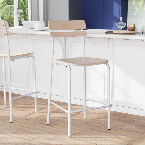 Flash Furniture Cyprus White Metal Bar Stool with Antique White Wooden Back and Seat