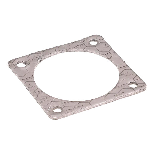 A square metallic gasket with a large central hole and four smaller corner holes, used for exhaust convection applications.