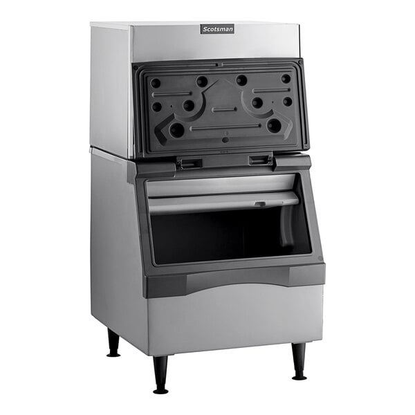 A commercial ice machine with a plastic storage bin, designed for producing small cube ice.