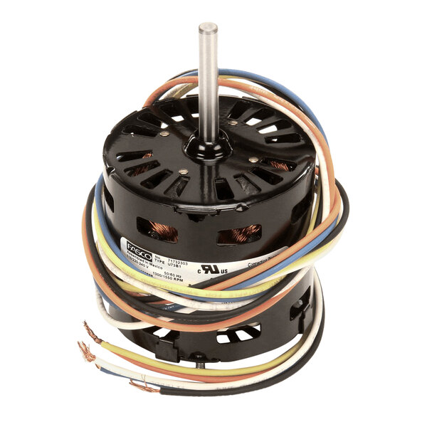 A black electric motor with multiple colored wires and a central metal shaft.