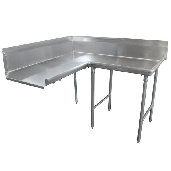 A stainless steel L-shape dishtable with a corner.