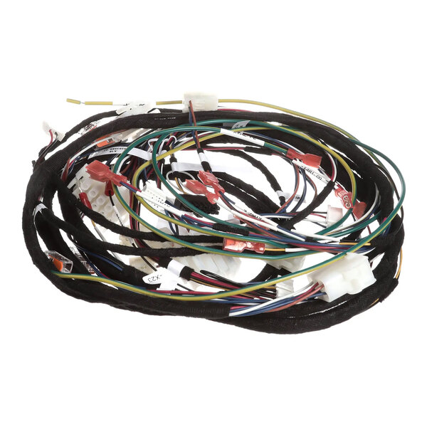 A coiled wiring loom with multiple colored wires and connectors, used for electrical connections in appliances.
