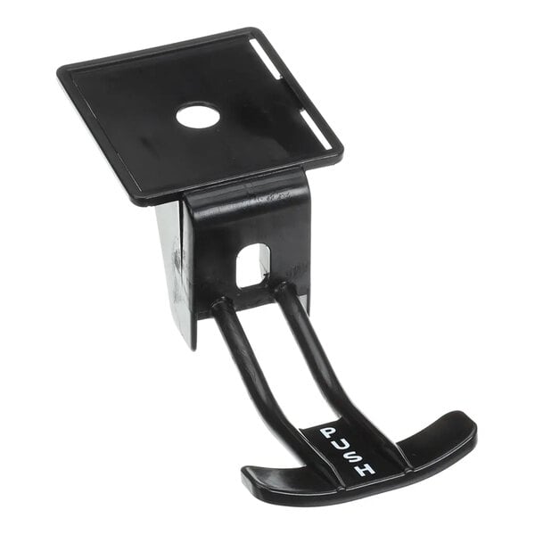 A black metal spigot handle with a flat mounting plate and the word 'PUSH' printed on the handle.