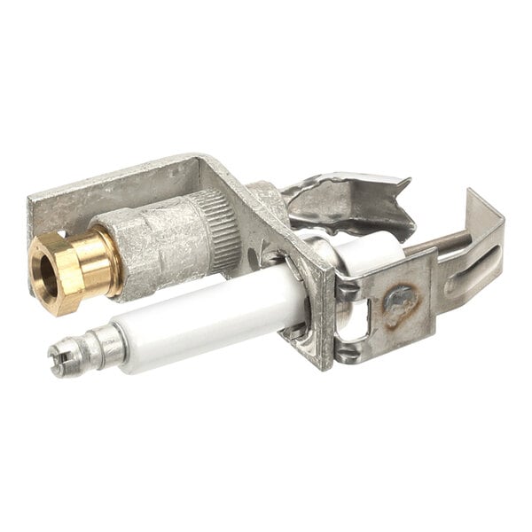 An igniter and sensor assembly for a natural gas open kettle, featuring metal and ceramic components.