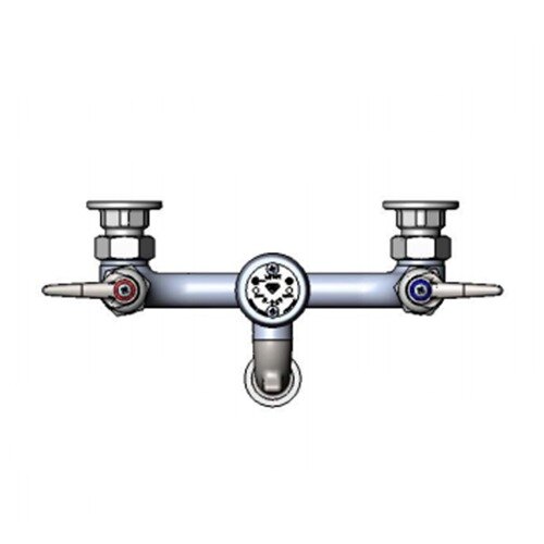 A T&S wall mount service sink faucet with two handles and a vacuum breaker.