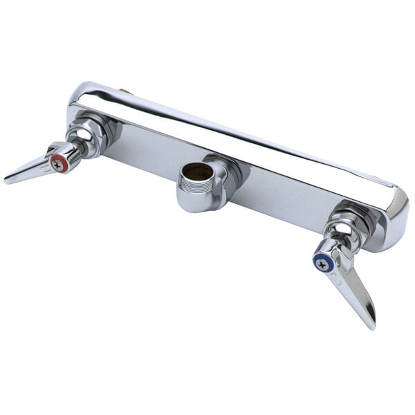 A T&S chrome wall mount faucet base with 4 arm handles.