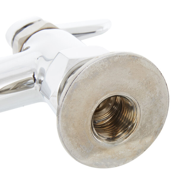 A T&S deck-mount sink faucet with chrome finish and metal handle.