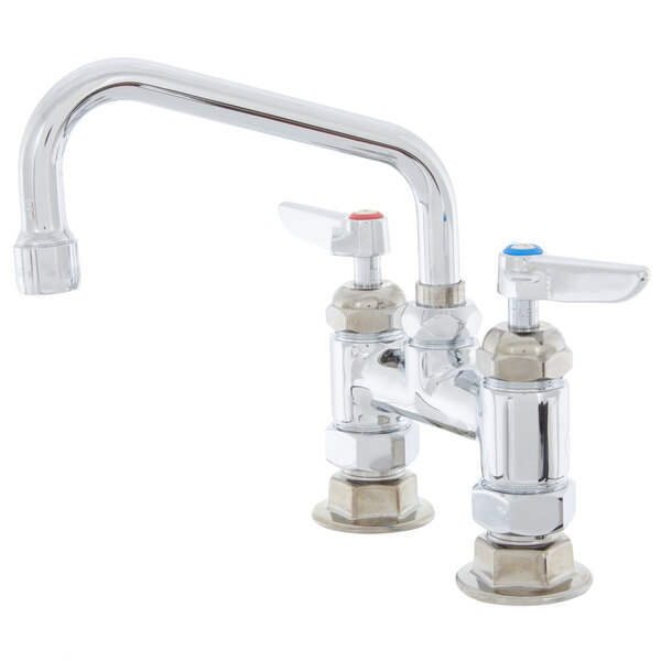 A T&S chrome deck-mount sink faucet with two handles.