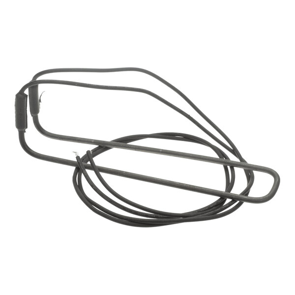 A black defrost heater for refrigeration units with attached wiring.