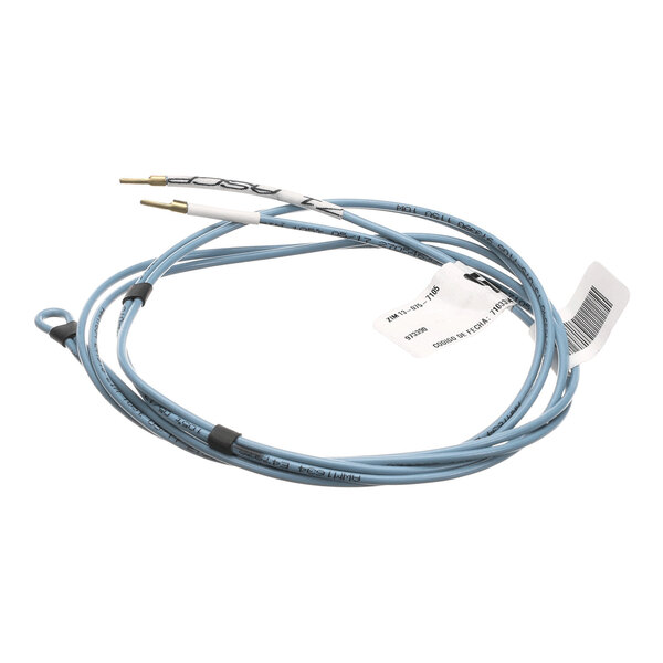 A blue drain tube heater for refrigeration units with attached labels and connectors.