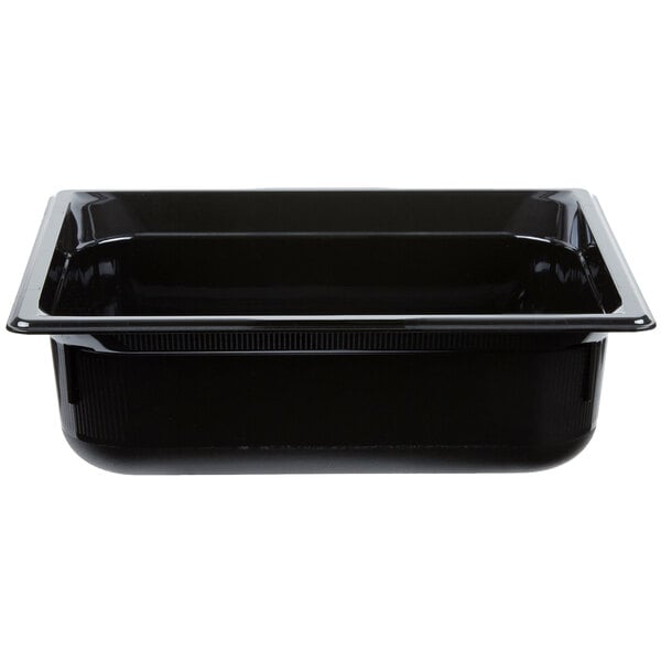 A black Vollrath plastic food pan with a lid.
