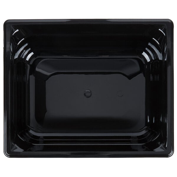 A black rectangular Vollrath plastic food pan.