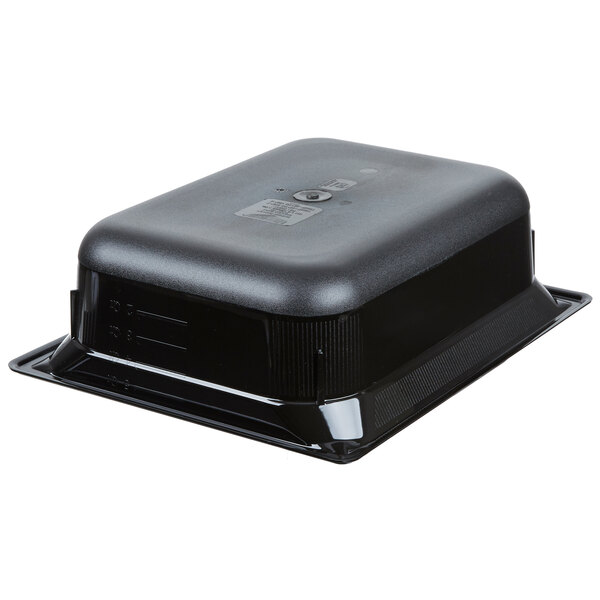 A black Vollrath plastic food pan with a lid on top.