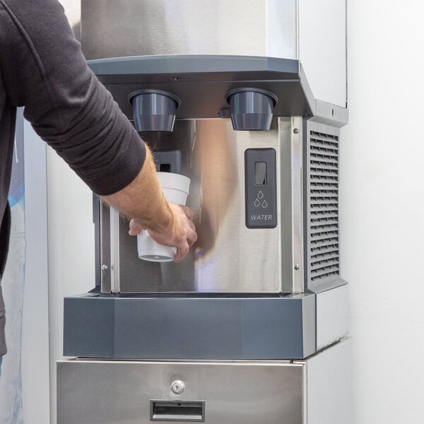 Scotsman HID312AX-1A Meridian® 16 1/4" Air-Cooled Nugget Ice Machine with 12 lb. Bin, Hands-Free Ice and Water Dispensing, and Storage Equipment Stand - 320 lb., 115V