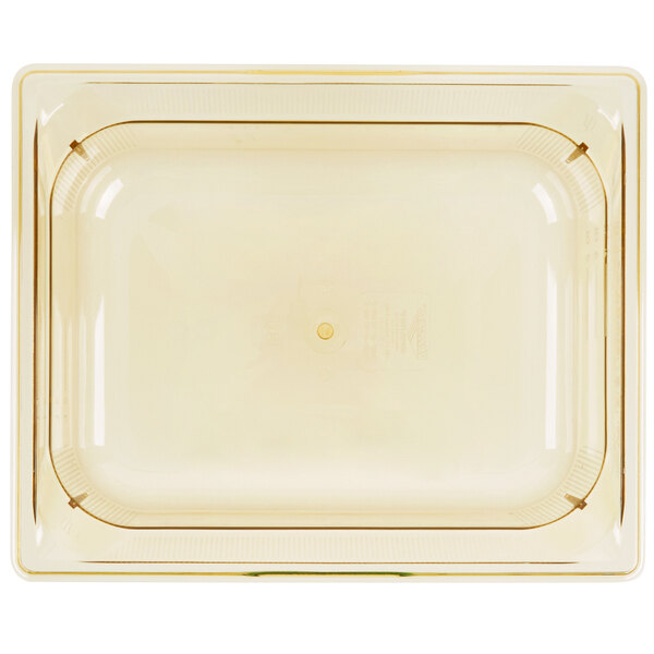 A Vollrath amber plastic food pan with a lid.