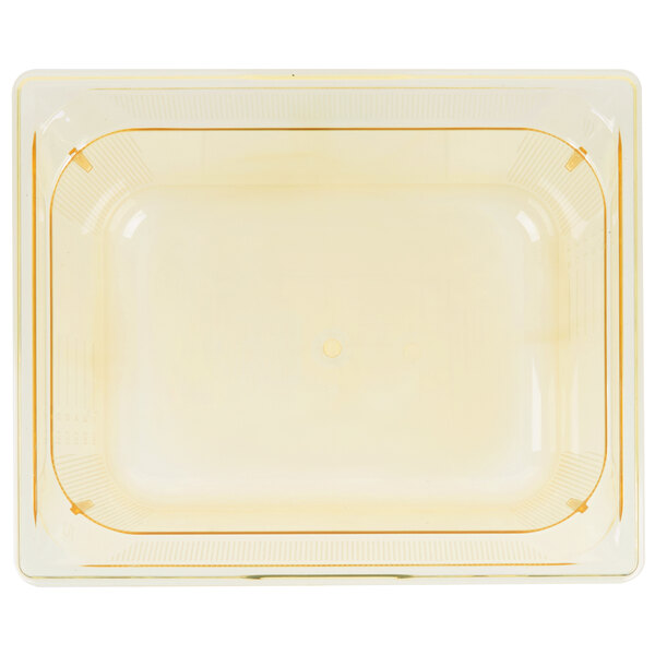 A clear plastic container with an amber trim.
